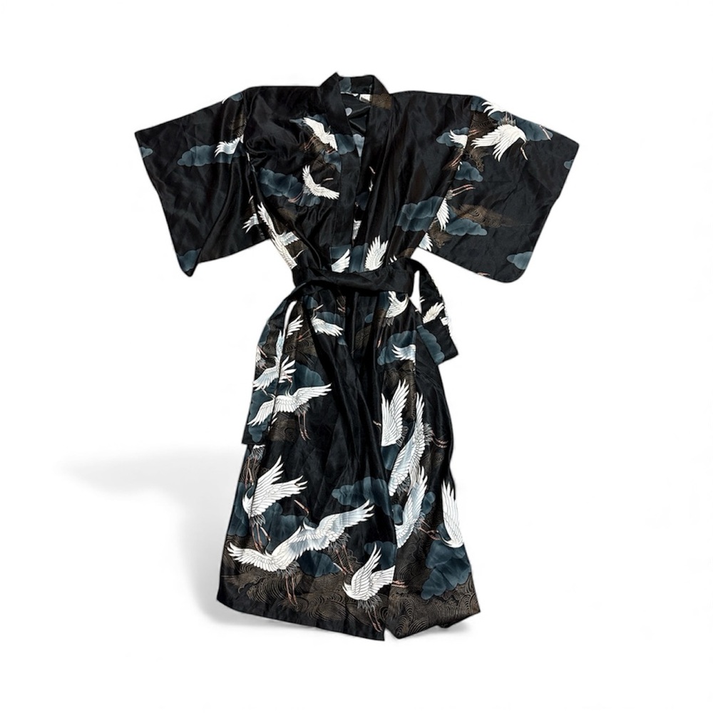 Vintage Kimono From Japan Marukyo Black Full Length Crane Design 70s Robe